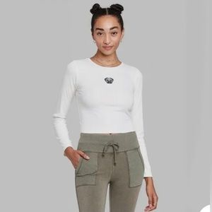 Wild Fable Long Sleeve Fitted Rib-Knit Cream Pug Embroidery Tee